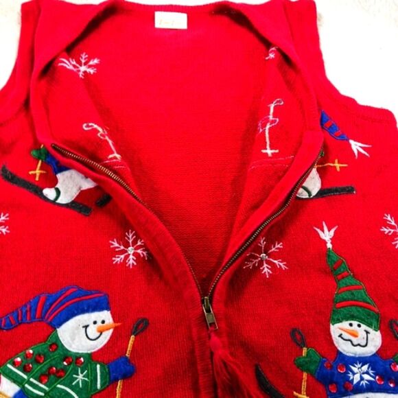 Bobbie Brooks Skiing Snowman & Snowflake Knit Zip-Up Vest Red Embellished Large. - Picture 10 of 11